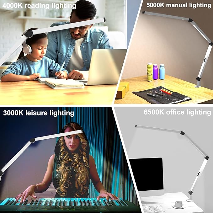 Micomlan LED Desk Lamp with Clamp, Dual Light Table Lamp with Adjustable Swing Arm, Eye-Care 4 CCT Modes & 5 Brightness Levels Clip-on Architect Modern Desk Light for Home Office Crafting Sewing - Image 6