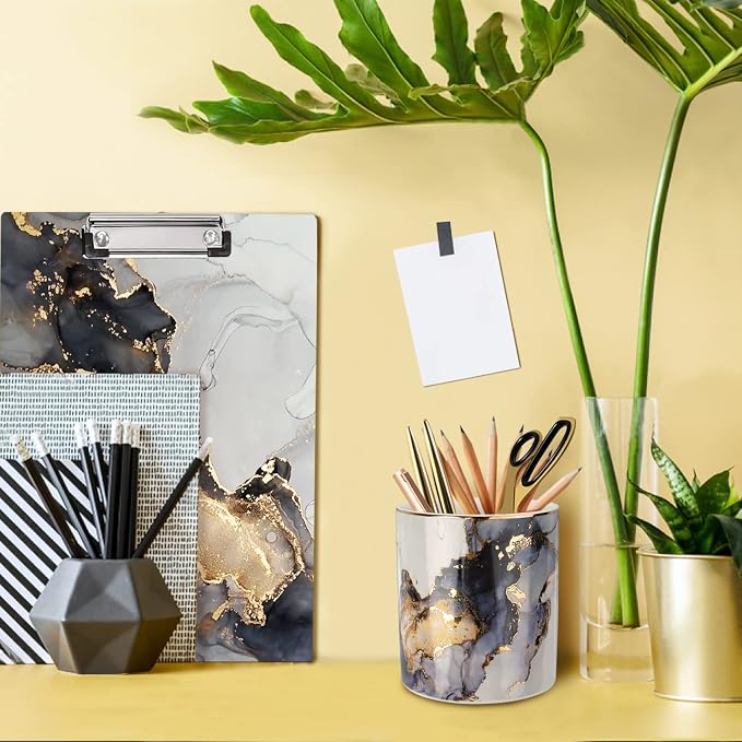 Marble Pencil Holder, Durable Ceramic Desk Organizer Office Supplies,Desktop Stationary Organizer,Multi-Functional Pencil Storage for Desktop Accessories,Office,Classroom,Home,Gray Gold - Image 3