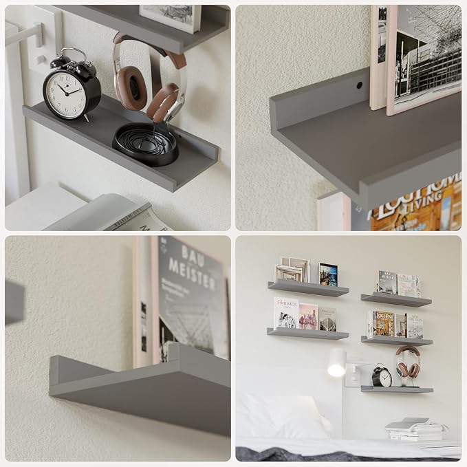 RICHER HOUSE 3-Set Floating Shelves with Lip, Grey Small Wall Shelf, 16In | Display Picture Ledge Shelf, Anti-drop lip Shelf for Room Wall Decor, Bedroom Bathroom Storage Nursery Books, Easy Setup,Wood - Image 6