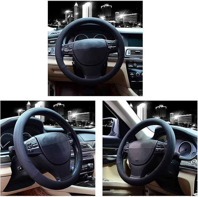 Valleycomfy Microfiber Leather Steering Wheel Cover Universal 15 inch (Black) - Image 2