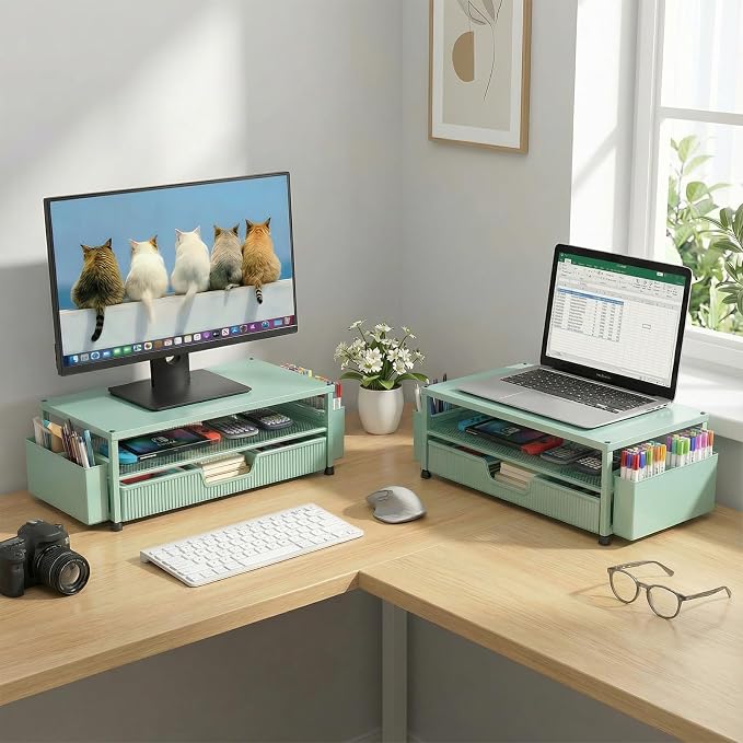 ECOLOVI Desk Organizer and Accessories, 2-Tier Computer Monitor Stand Rise with Storage Drawer & 2 Pen Holders, Laptop & Printer Stand for Desktop, Workspace Organizers for Office Supplies (Green) - Image 5