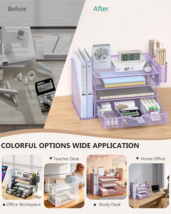 WALI Desk File Organizer, 4 Tier Desktop Paper Letter Tray Organizer with Drawer and 2 Pen Holders, Office Desk Accessories & Workspace Organizers for Office, Home Supplies(DO005DH-V), 1 Pack, Purple - Image 6
