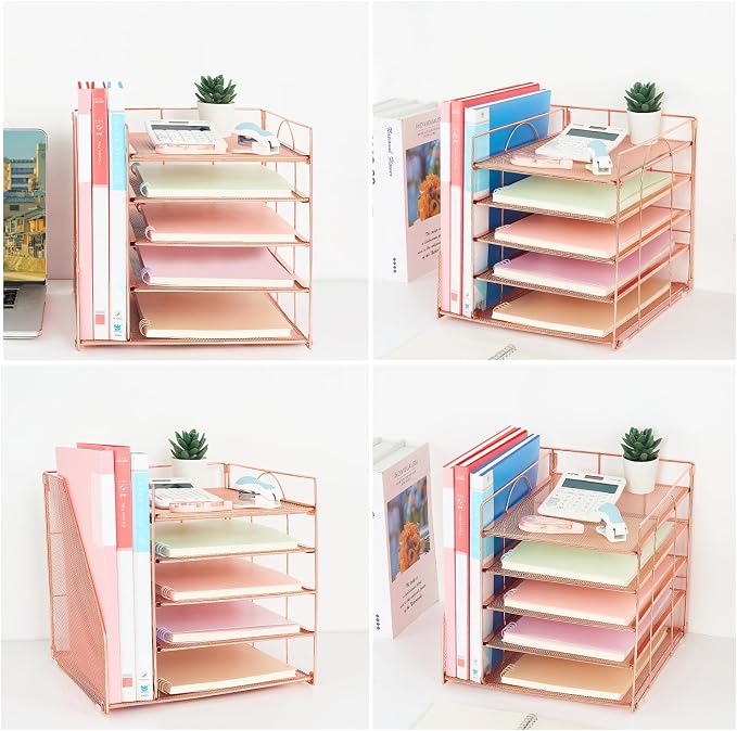 LEKETREE Desk Organizers and Accessories, 5-Tier Paper Letter Tray Organizer with File Holder, Desktop Organizer for Office Supplies (Rose Gold) - Image 5