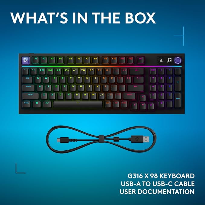 Logitech G316 X 98 Mechanical Gaming Keyboard (Tactile) - Black | Hot-Swappable Tactile Mechanical Switches, Gasket Design, PBT Keycaps, <8Khz, LIGHTSYNC RGB, Dot-Matxix LED Display, USB-C - Image 12