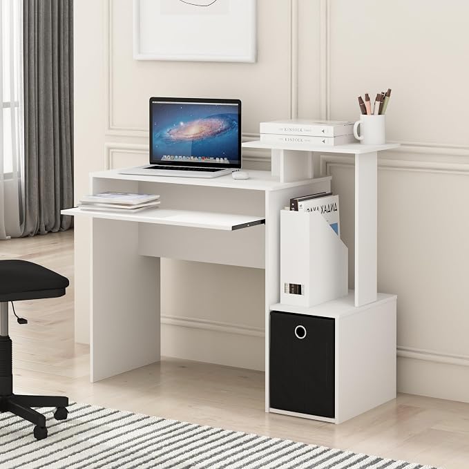 Furinno ECON Desk, 40" Wide Gaming Desk with Keyboard Tray, Computer Desk, Office Desk with Side Shelves and Storage Bin for Home Office, Plain White - Image 2