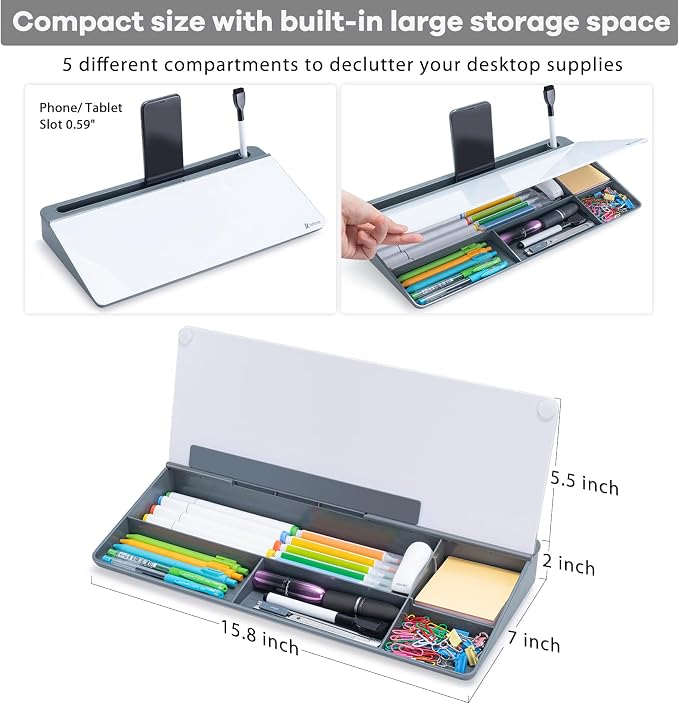 Varhomax Glass Desk Whiteboard with Storage, Desktop Organizer to-do List Memo Notepad Dry Erase White Board for Home Office and School Supplies (Gray) - Image 3