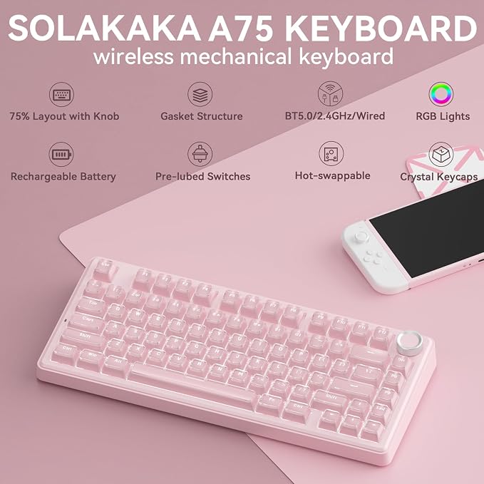 SOLAKAKA A75 Wireless Gaming Keyboard with Multifunction Knob, BT5.0/2.4GHz/USB-C, 75% Mechanical Keyboard, Hot-Swappable, Gasket Creamy Keyboard with RGB Backlit, Crystal Keycaps, for PC/Mac/PC - Image 2