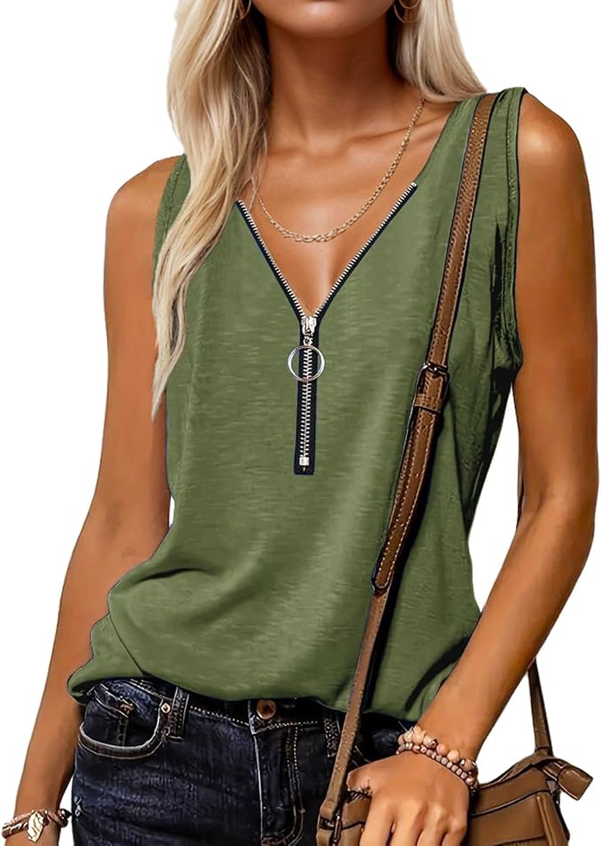 Halife Womens Half Zip V Neck Tank Tops Summer Sleeveless Shirts Casual Loose Top Blouses T Shirts by Halife