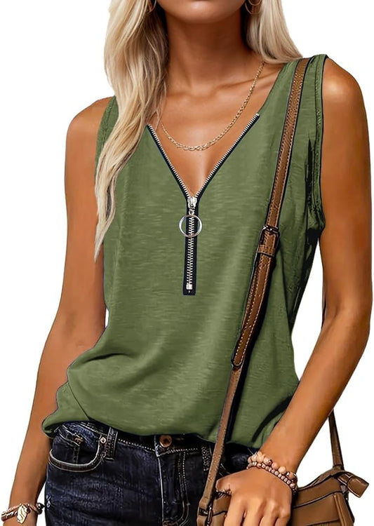 Halife Womens Half Zip V Neck Tank Tops Summer Sleeveless Shirts Casual Loose Top Blouses T Shirts by Halife