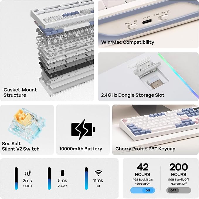 EPOMAKER TH108 PRO Full Size Mechanical Keyboard with Screen & Knob, Wireless Gaming Keyboard with 10000mAh, Creamy Gasket, Hot Swap, Custom Driver, RGB Backlight (White, Sea Salt Silent) - Image 2