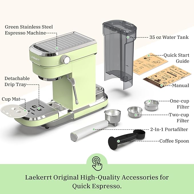 Laekerrt Espresso Machine 20 Bar Espresso Maker CMEP01 with Milk Frother Steam Wand, Professional Expresso Machine for Cappuccino and Latte (Stainless Steel, Green) Gift for Dad, Father, Coffee Lovers - Image 7
