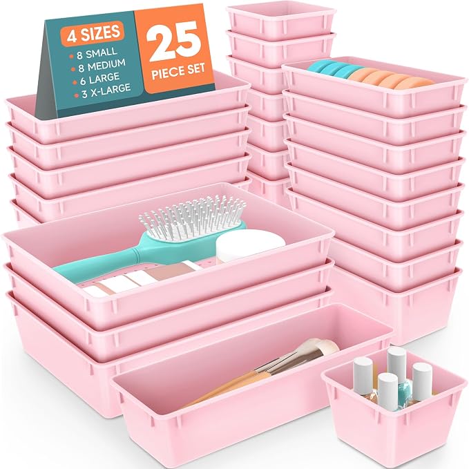 WOWBOX 25 PCS Plastic Drawer Organizer Set, 4 Sizes Desk Drawer Divider Organizers and Storage Bins for Makeup, Jewelry, Gadgets for Kitchen, Bedroom, Bathroom, Office, Pink by WOWBOX