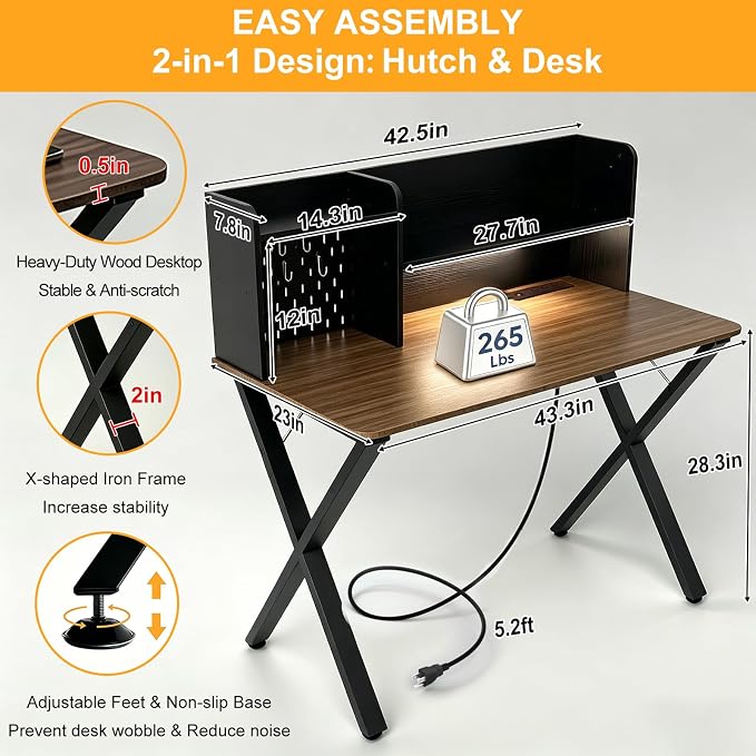 Lightdot 44" ×24" Black Home Office Computer Desk with Charging Ports, Study Gaming Desk with Hutch Pegboard & Motion Sensor Light, Student Writing Desk with Storage for Home Office Bedroom - Image 2