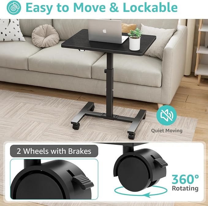 WINAZ Small Portable Laptop Rolling Desk - 24 Inch Mobile Computer Desk Adjustable Height with Wheels for Small Spaces Home Office, Kids Couch Desks Side End Table, Black - Image 8