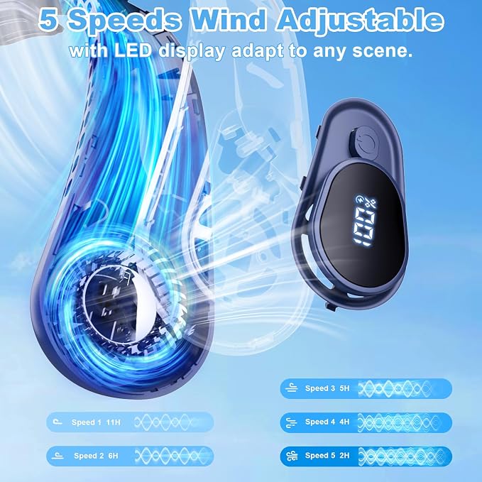 Portable Neck Fan Rechargeable - [with LED Display] 5 Speeds, 5000 mAh Battery Operated Wearable Personal Cooling Bladeless Fan for Outdoor Travel, Gifts for Men Women Kids,Dark Blue - Image 4
