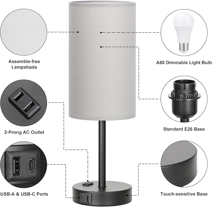 Fenmzee Touch Bedroom Lamp - Grey, 3-Way Dimmable, USB A + C Charging, AC Outlet, 17.4inch Medium - Image 5