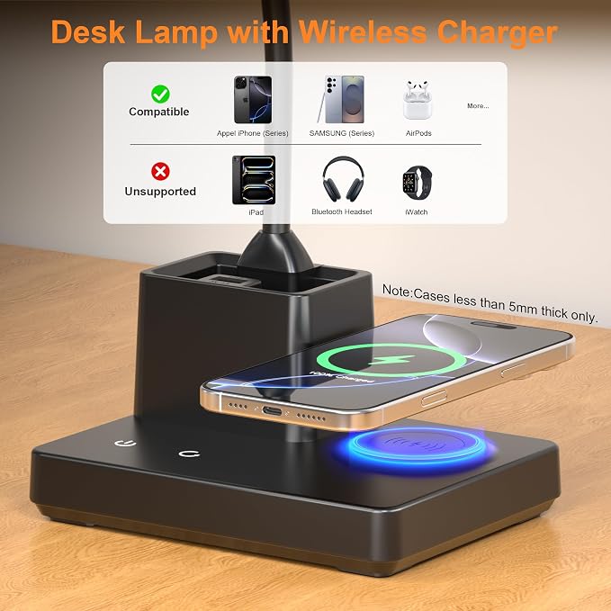 Wireless Charging Desk Lamp USB Charging & Pen Holder, Matte Black | CRI 95, 800LM, Stepless Dimming, 3 Modes, 360°Flexible Arm, Touch, Study Table Lamp for Home Office, Dorm Room, with Adapter - Image 3