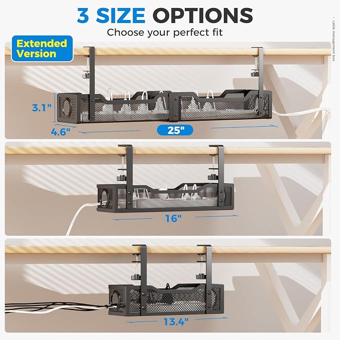 [Upgraded] 25" Extra Large Under Desk Cable Management, Cinati Wire Organizers No Drill, Cable Tray with Clamp for Wire Management, Cord Organization Box for Office, Home - No Damage to Desk(Black) - Image 2