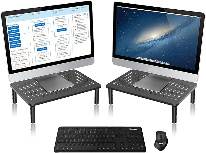 Bracwiser Monitor Stand Riser,3 Level Height Adjustable Desktop monitor stand for Computer, Laptop, Printer, Notebook with Vented Metal Platform 370X235MM 2 Packs,Black by Bracwiser