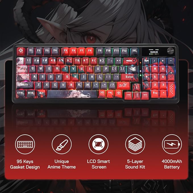Redragon K719 PRO Wireless RGB Gasket Gaming Keyboard, Dye-Sub Anime Keycap | Easy-Control LED Info Display, 0-Delay Tri-Mode, Cushioned 5-Layer Noise Dampening for Creamy Thocky Sound, 95% Layout - Image 2