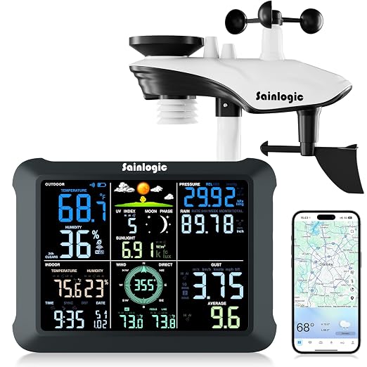 Sainlogic WiFi Smart Weather Station 14-in-1 with 24/7 Accurate Weather Forecast by Weatherseed AI, 8.5" Large Display, Wind Gauge, 2-Year Data Storage & Export (Only 2.4G) by Sainlogic