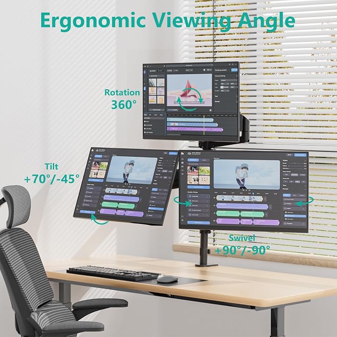WALI Triple Monitor Mount for 13-34 inch Screens, Full Adjustable 3 Monitors Desk Mount with Clamp & Grommet Base, Triple Monitors Arm, up to 19.8lbs Each, VESA 75x75 100x100 mm (GSDM003XL), Black - Image 3