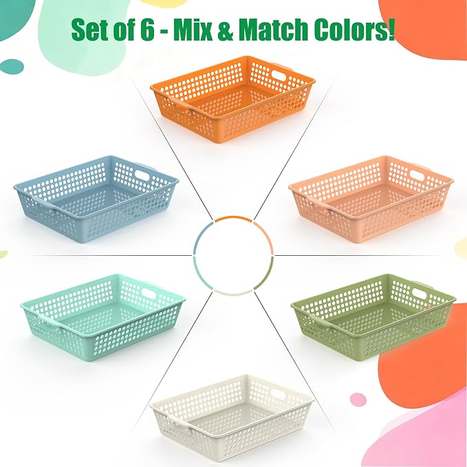 QRRICA 6 Pack Plastic Classroom Storage Baskets, Paper Trays for Classroom Organization & Turn in Trays for Teachers, Students, Desk Organizer Bin 13.8x10.6x3.1 Inch (Morandi) - Image 4