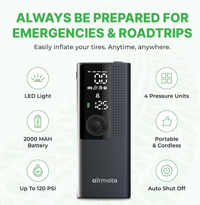 Airmoto Tire Inflator Portable Air Compressor - Air Pump For Car Tires with Digital Pressure Gauge, LED Light and Auto Shut-Off Function - Cordless Pump for Car, Motorcycle, Bicycle, Ball - Image 2