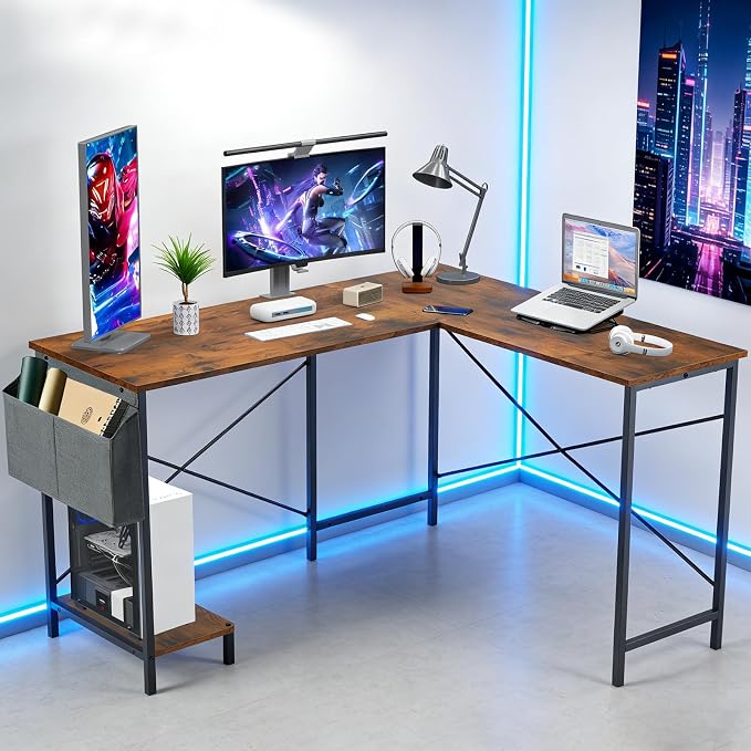 L Shaped Desk Computer Desk, 50inch Brown Gaming Desk with CPU Stand | Reversible Corner Desk, Storage Bag, Sturdy Metal Frame, Student Study Writing Table for Home Office - Image 2