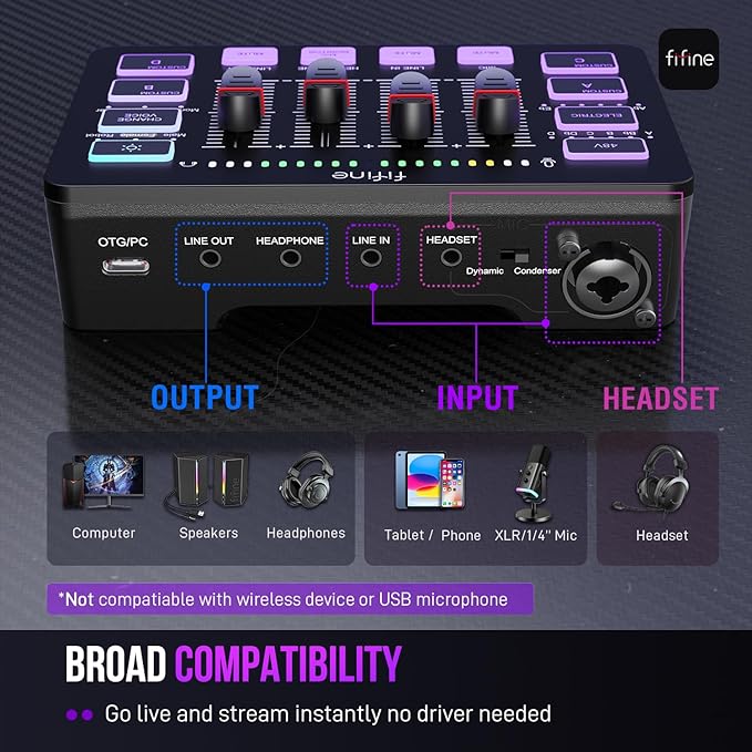 FIFINE Gaming Audio Mixer, Streaming RGB PC Mixer with XLR Microphone Interface, Individual Control, Volume Fader, Mute Button, 48V Phantom Power, for Podcast/Recording/Vocal/Game Voice-AmpliGame SC3 | USB PnP For PC,Mute Button,XLR Preamp,RGB,Voice ch... - Image 4