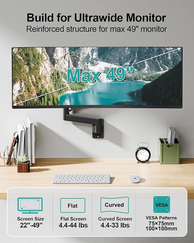 MOUNT PRO Monitor Wall Mount for 22"-49" Ultrawide Flat & Curved Screens, Heavy Duty Single Wall Mount Monitor Arm Holds up to 44 lbs, Full Motion Adjustable Wall Bracket, VESA Mount 75x75mm/100x100mm - Image 2