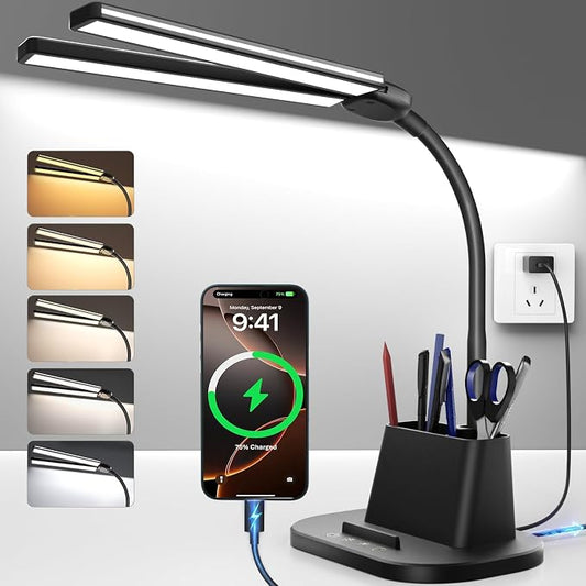 Desk Lamp with USB-C Charging Port and Organizer Base, LED Desk Light with Pen Holder, Phone Stand, 25 Lighting Modes, Flexible Gooseneck Touch Lamp for Home Office, Study Desk, College Dorm Room by Airlonv