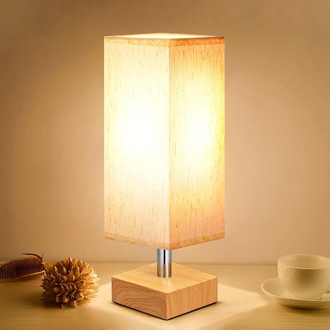 Wood-Grain Small Bedside Lamp for Bedroom - Square Cream Fabric Shade | Inline Rocker Switch, Corded Electric, Bulb Not Included, 12.8" Mini Table Lamp for Nightstand, Desk, Dorm, Office by Aooshine