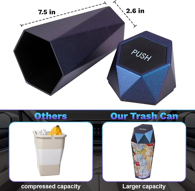 BFXM Car Trash Can, Car Trash Bin with Lid, Car Accessories for Women Interior, Car Garbage Can with Additional 2 ABS Hooks and 60pcs Trash Bags, Suitable for Home, Office, Car Organizer, Blue Purple - Image 6