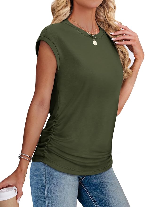 Sampeel Womens Summer Tops Trendy 2026 Ruched Cap Short Sleeve Tshirts Shirts Crew Neck T Shirts Fashion - Image 4