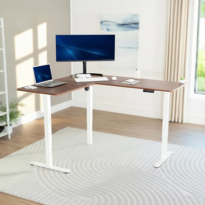 VIVO Dark Walnut 63 x 55 in Corner Standing Desk, DESK-E3CTWD | Electric, Reversible L-Shaped Table, Sit Stand, Height Adjustable, Memory Controller, Office Furniture Sets, White Frame - Image 2