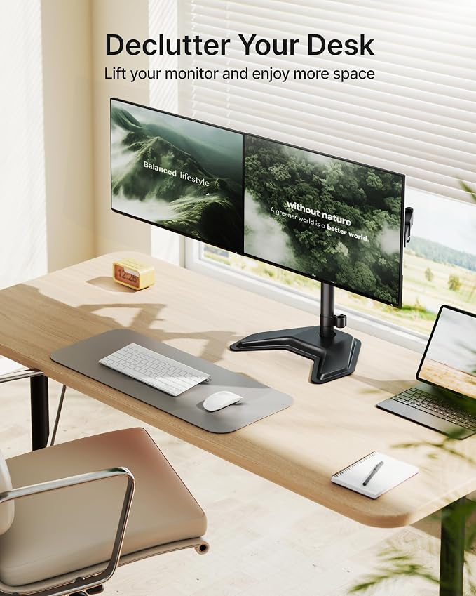 monTEK Freestanding Dual Monitor Stand for 17-32" Screens, 22 lbs Each | Solid V-shaped base, dual-screen full-motion arms, height adjustment, tilt, swivel, rotation and VESA 75/100 - Image 6