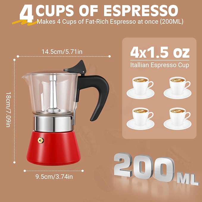 4 Cup 200ml Glass Moka Pot, Stovetop Espresso Maker, Red | Crystal Glass-top & Stainless Steel Coffee Maker, Induction Compatible, for Greca de Cafe, Cuban and Italian Coffee Brewing - Image 5