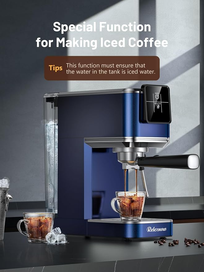 RELEXNOW Espresso Machine, 20 Bar Espresso Maker Milk Frother & LCD Panel, Hot & Iced Coffee Machine, Stainless Steel Espresso Coffee Machine with 41oz Water Tank for Cappuccino, Latte - Image 5