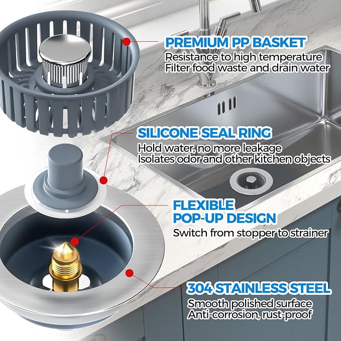 zaa 3 in 1 Kitchen Sink Drain Strainer Stopper Removable Basket Pop-Up | Kitchen Sink Accessories 2 Pack Silver Stainless - Food Catcher, Odor-Blocking Seal, Fits 3.5" Drain, Easy Clean - Image 5