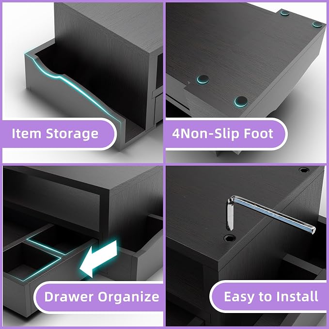 Simple Trending Wood Monitor Stand Riser with Drawer and Pen Holder, Desk Organizer for Home Office, Black - Image 4
