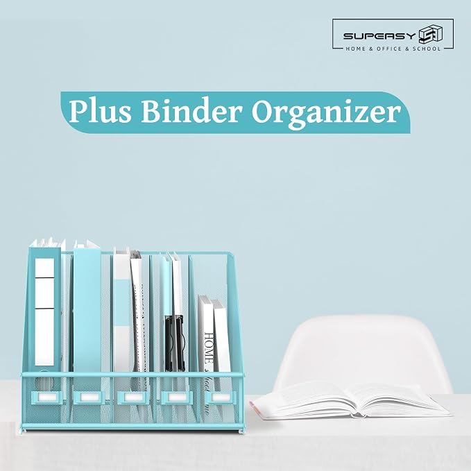 SUPEASY Desk Organizers Metal Desk Magazine File Holder with 5 Vertical Compartments Rack File Organizer for Office Desktop, Classroom, Home Workspace, Blue Plus - Image 2