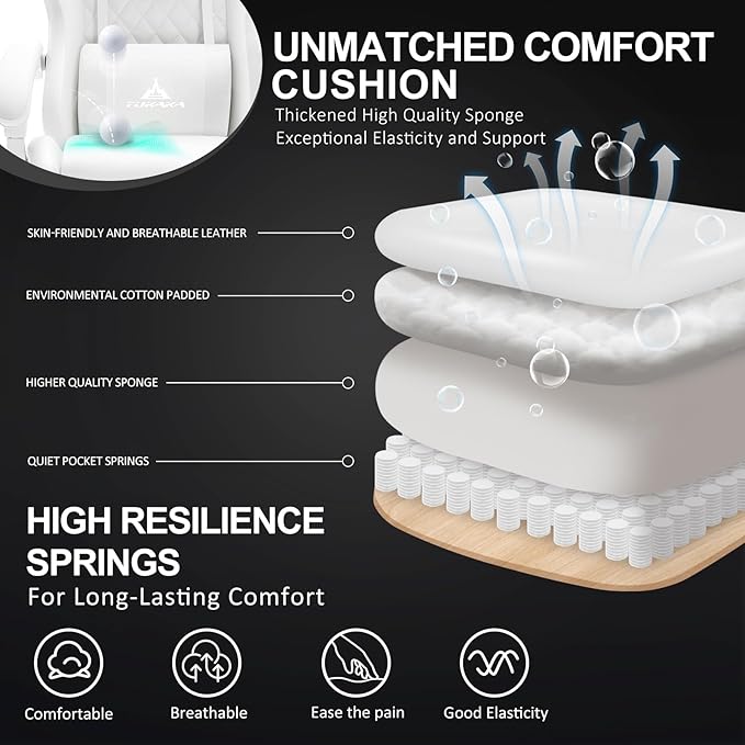 White Gaming Chair,Ergonomic Massage Office Desk Chair with Footrest | Pocket Spring Cushion,Reclining,Thick High Back,Headrest and Lumbar Support,Adjustable Leather Computer Chair Gamer Chair - Image 4