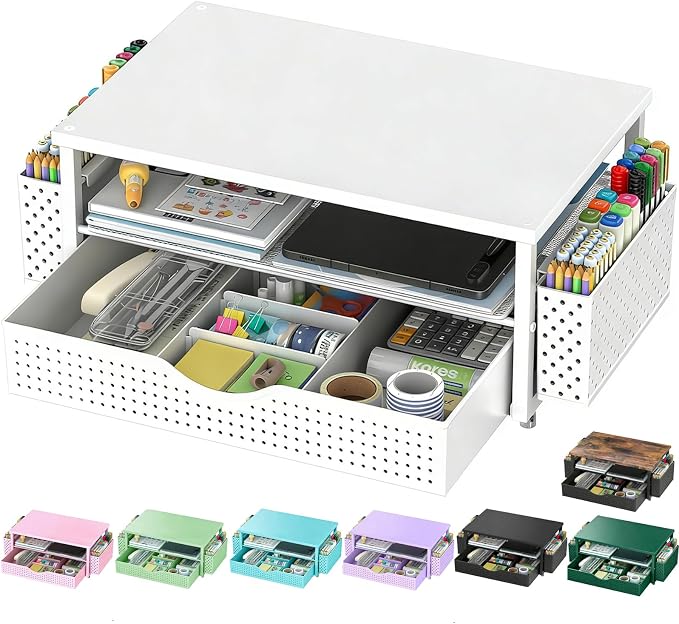 Spacrea Desk Organizer and Accessories, Computer Monitor Stand Riser with Drawer and 2 Pen Holders, Office Desk Accessories & Workspace Organizers for Office Supplies (White) by Spacrea