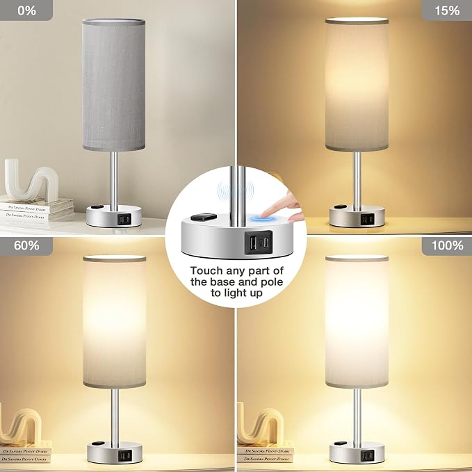 Fenmzee Grey Nightstand Table Lamp for Bedroom - 3 Way Dimmable Bedside Lamp USB C A Charging Ports and AC Outlet, Small Table Lamp Silver Base for Living Room, Office Desk, LED Bulb Included - Image 2