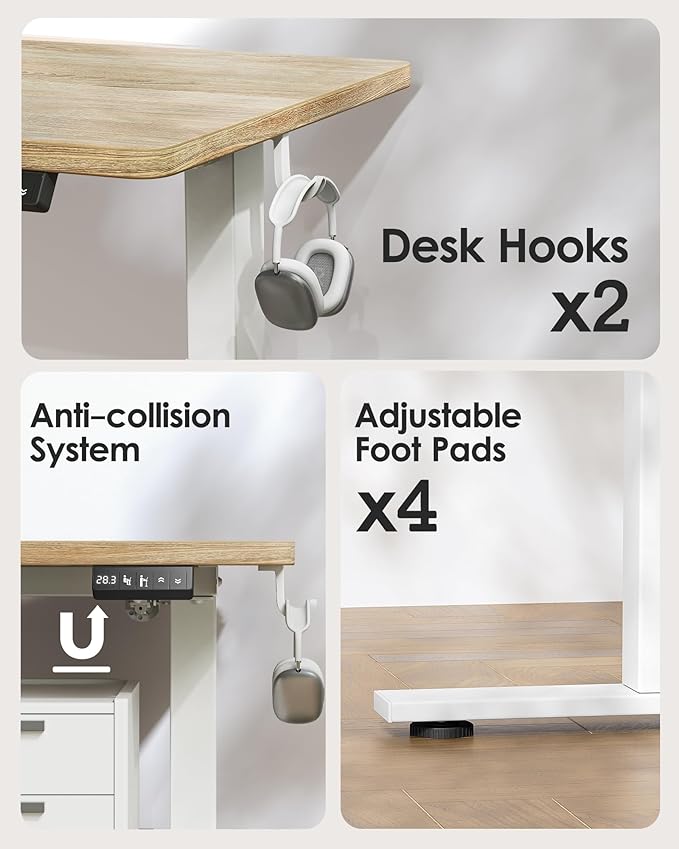 TIQLAB Standing Desk 63 x 24 inch, Electric Height Adjustable Desk with Splice Board, Sit Stand Desk Computer Table for Home Office, White Frame/Maple Top - Image 6