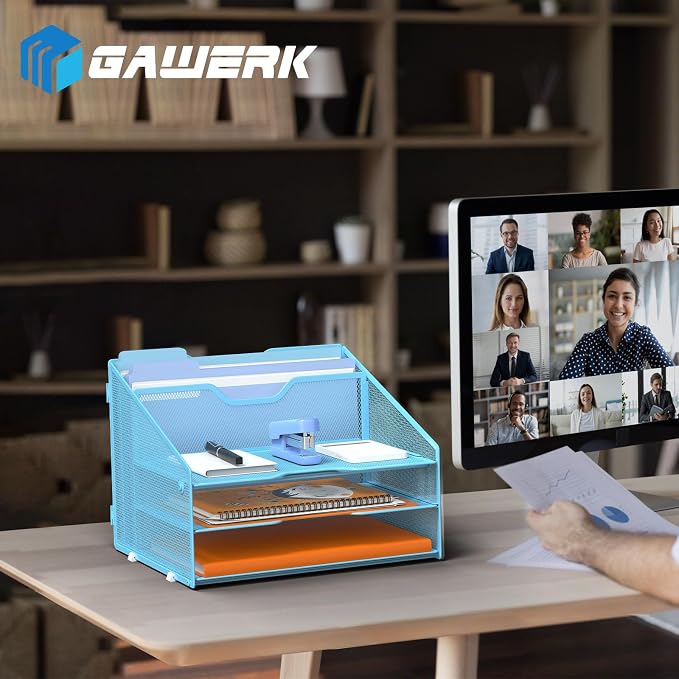 GAWERK Letter Tray Organizer, Mesh Desk File Organizer with 3 Paper Trays and 2 Vertical Upright Section (Blue) - Image 6