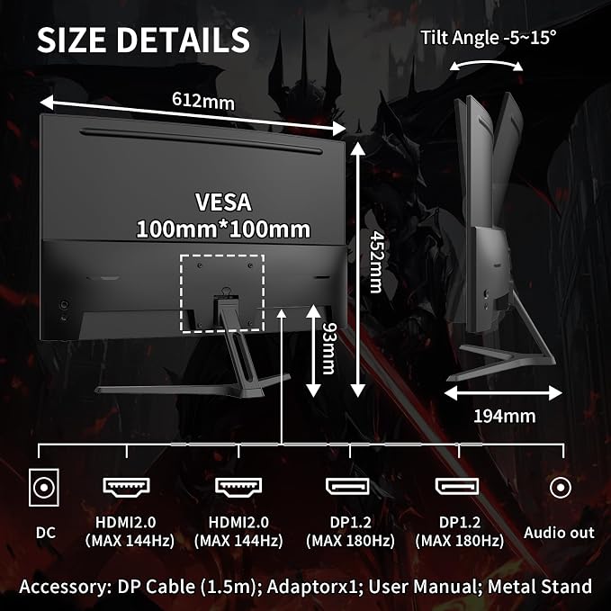 SANSUI 27 Inch WQHD 2560X1440 Curved Gaming Monitor, 180Hz MPRT 1ms Computer Monitor,HDMI2.0 * 2, DP1.2 * 2, Freesync, Curved 1500R, 5000:1 Contrast Ratio, 120% sRGB,HDR(ES-G27C1Q DP Cable Included) - Image 9