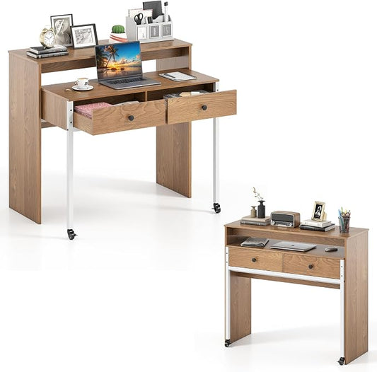 Giantex Small Computer Desk with Hutch & Drawers, Extendable Writing Desk w/Pull Out Secondary Table, Monitor Stand & Rolling Wheels, Console Table, Compact Desk for Small Spaces (Natural) by Giantex
