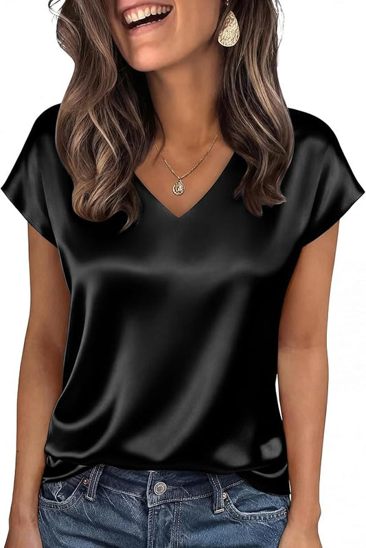 WIHOLL Womens Satin Summer Tops Cap Short Sleeve Blouses V Neck Shirts Business Casual Outfits Fashion Clothing 2026 by WIHOLL